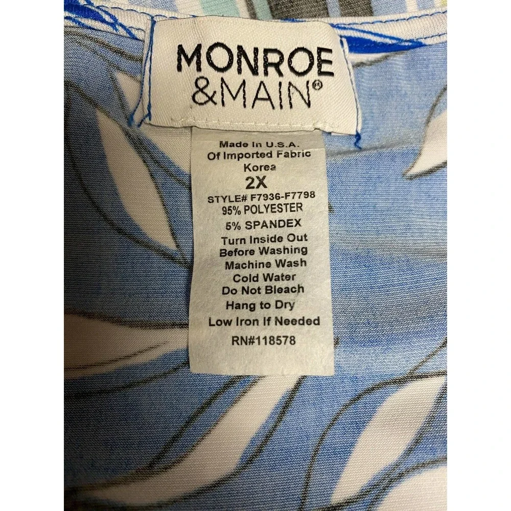 SOLD! Mixed Leaf Print Calf Length Tunic size 2X Monroe & Main Blue White Top - Picture 8 of 9